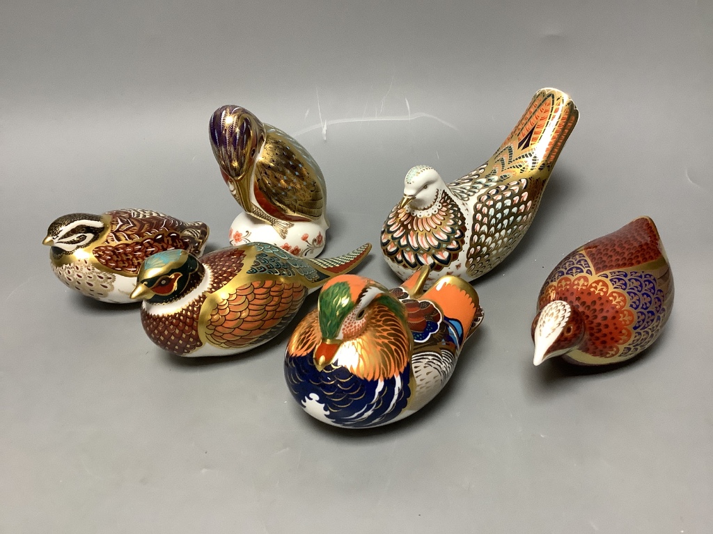 Six Royal Crown Derby bird paperweights, Woodland Pheasant (Collectors Guild), Dappled Quail, Turtle Dove, Coot, Kingfisher and Mandarin Duck.